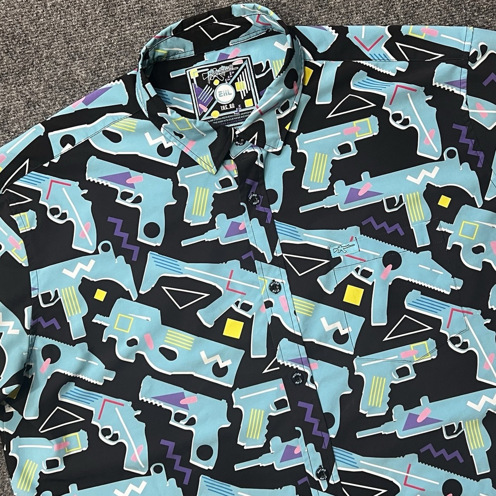 Retro Rifle The 80 Gun Print Button Up Shirt 2XL Blue Black Stretch